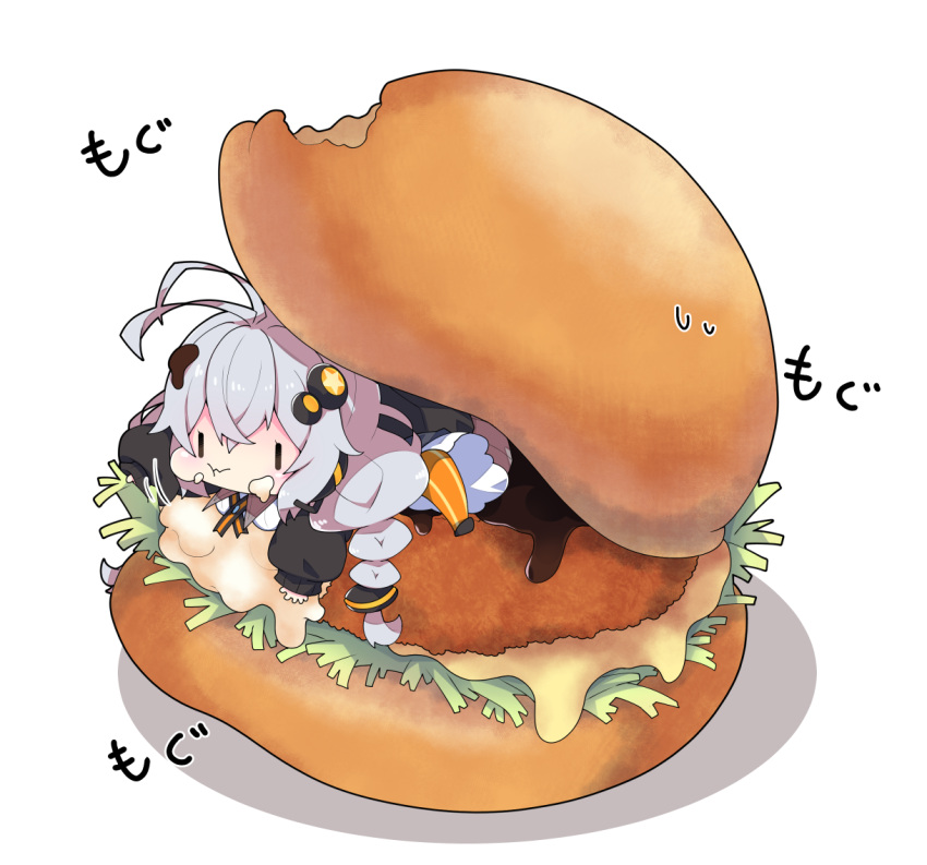 1girl :t antenna_hair bangs black_jacket braid chibi closed_mouth commentary eating food food_on_face food_on_hair grey_hair hair_between_eyes hair_ornament in_food jacket kizuna_akari long_hair long_sleeves milkpanda minigirl orange_legwear pantyhose puffy_long_sleeves puffy_sleeves shadow sleeves_past_wrists solo star_(symbol) striped striped_legwear translated twin_braids twintails vertical-striped_legwear vertical_stripes very_long_hair voiceroid wavy_mouth white_background |_|