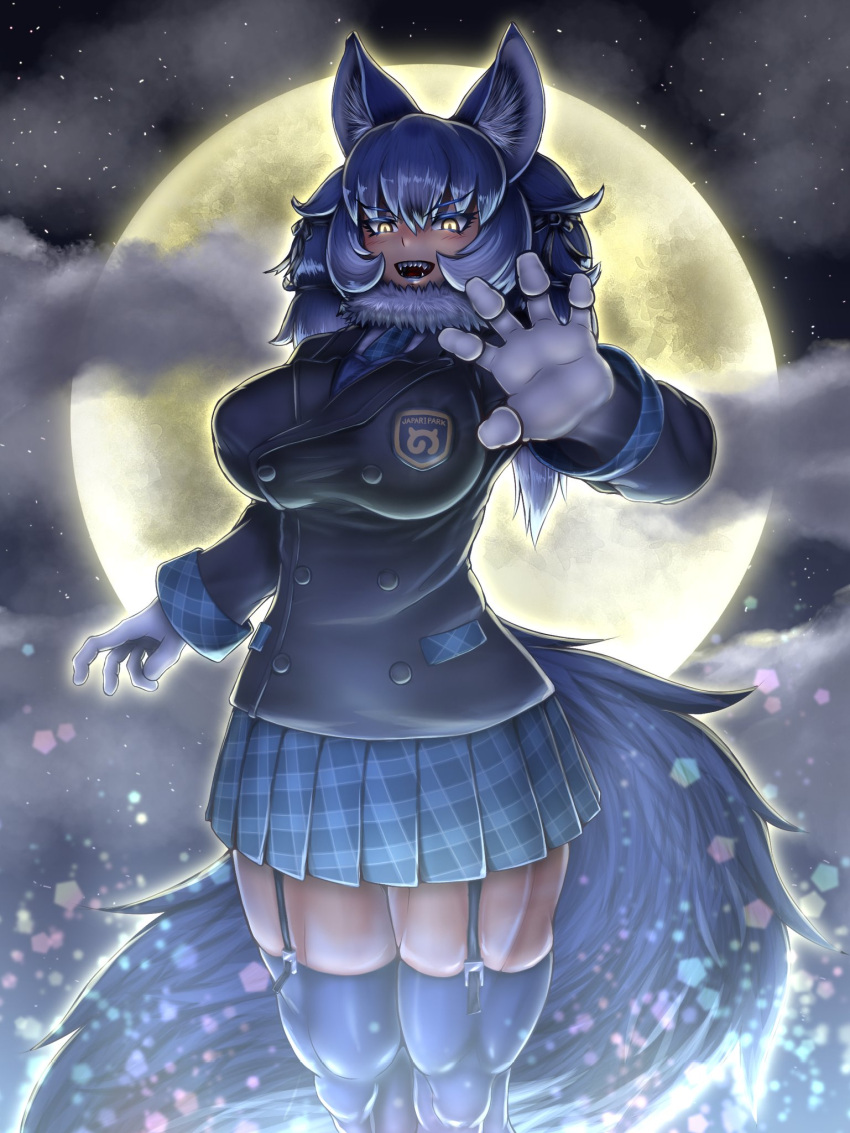 1girl animal_ears arm_at_side aura bangs blazer blue_hair breasts claw_pose commentary_request dire_wolf_(kemono_friends) eyebrows_visible_through_hair feet_out_of_frame full_moon fur_collar garter_straps gloves hand_up highres hkanakakia jacket kemono_friends large_breasts lipstick long_hair long_sleeves looking_at_viewer makeup miniskirt moon necktie night night_sky open_mouth outdoors plaid plaid_skirt pleated_skirt sharp_teeth skirt sky slit_pupils smile solo standing star_(sky) starry_sky tail teeth thick_thighs thigh-highs thighs v-shaped_eyebrows wolf_ears wolf_girl wolf_tail yellow_eyes