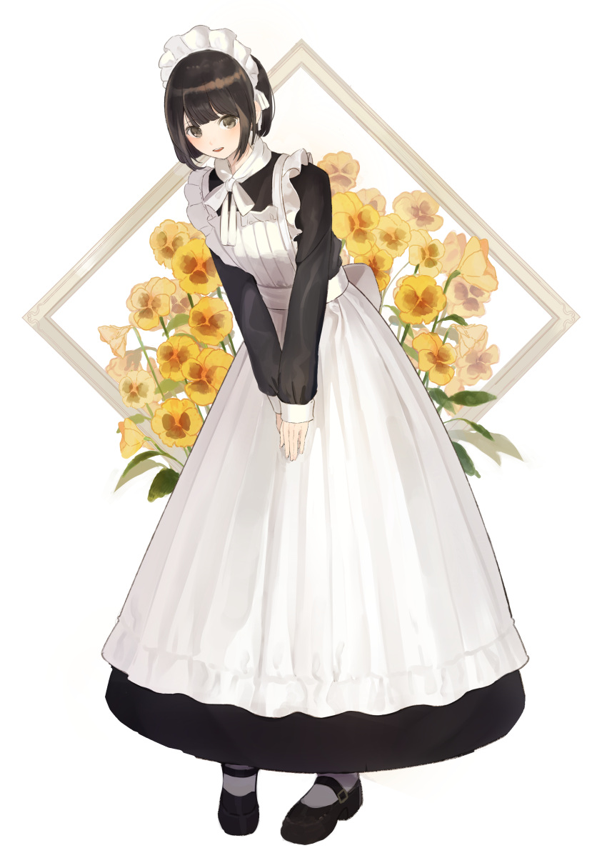1girl :d absurdres apron bangs black_dress black_footwear black_hair brown_eyes collared_shirt commentary_request dress eyebrows_visible_through_hair flower frilled_apron frills full_body hands_together highres leaning_forward long_sleeves looking_at_viewer maid maid_apron maid_headdress open_mouth original own_hands_together pantyhose shii_(kairi-t-k0317) shirt shoes short_hair sleeves_past_wrists smile solo standing white_apron white_background white_legwear yellow_flower
