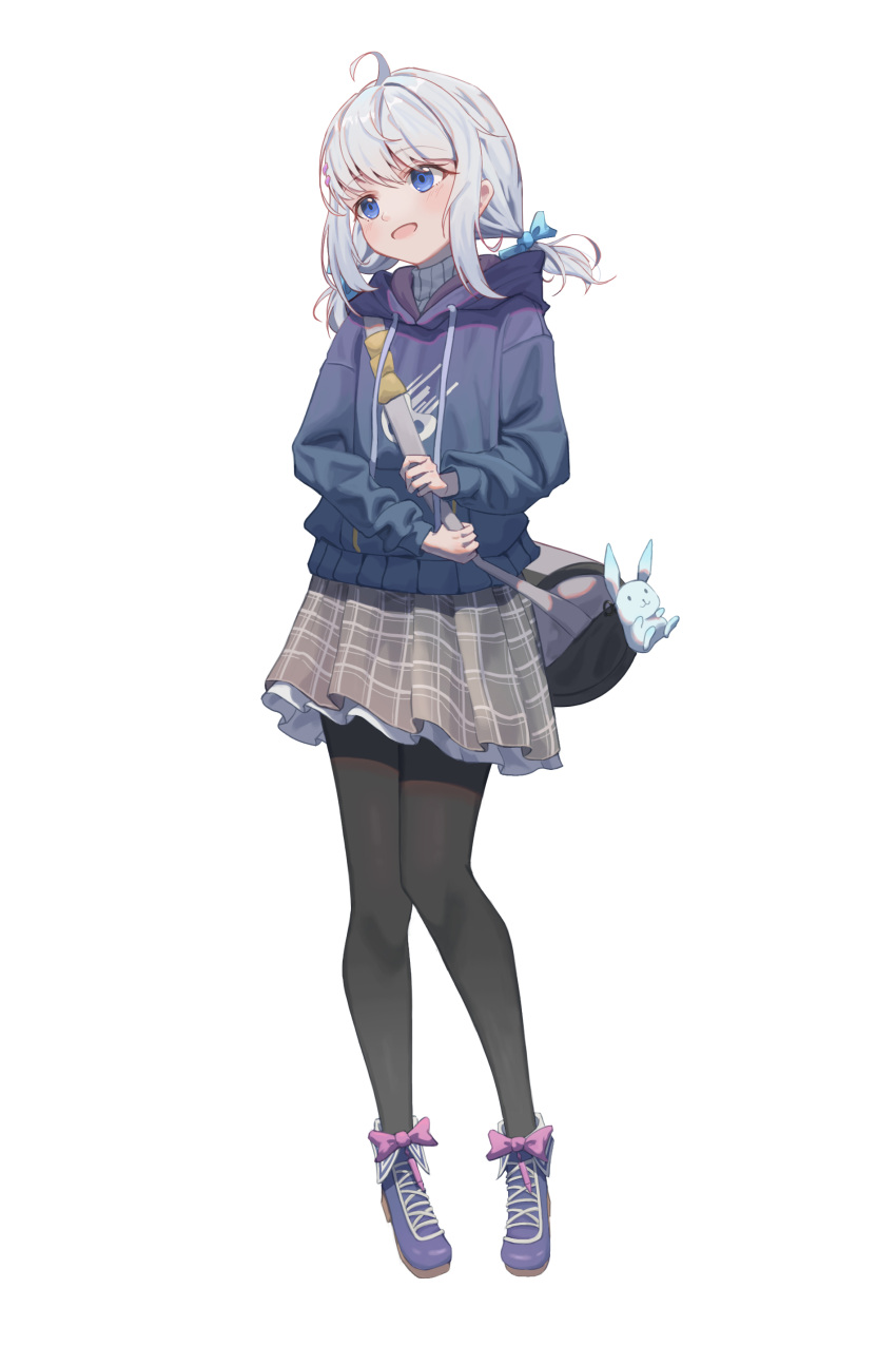 1girl :d absurdres ahoge al_guang bag black_legwear blue_bow blue_eyes blue_hoodie bow full_body grey_skirt hair_bow highres holding_strap hood hoodie long_sleeves open_mouth original pantyhose plaid plaid_skirt pleated_skirt purple_footwear rabbit shoes short_hair short_twintails simple_background skirt smile strap turtleneck twintails white_background