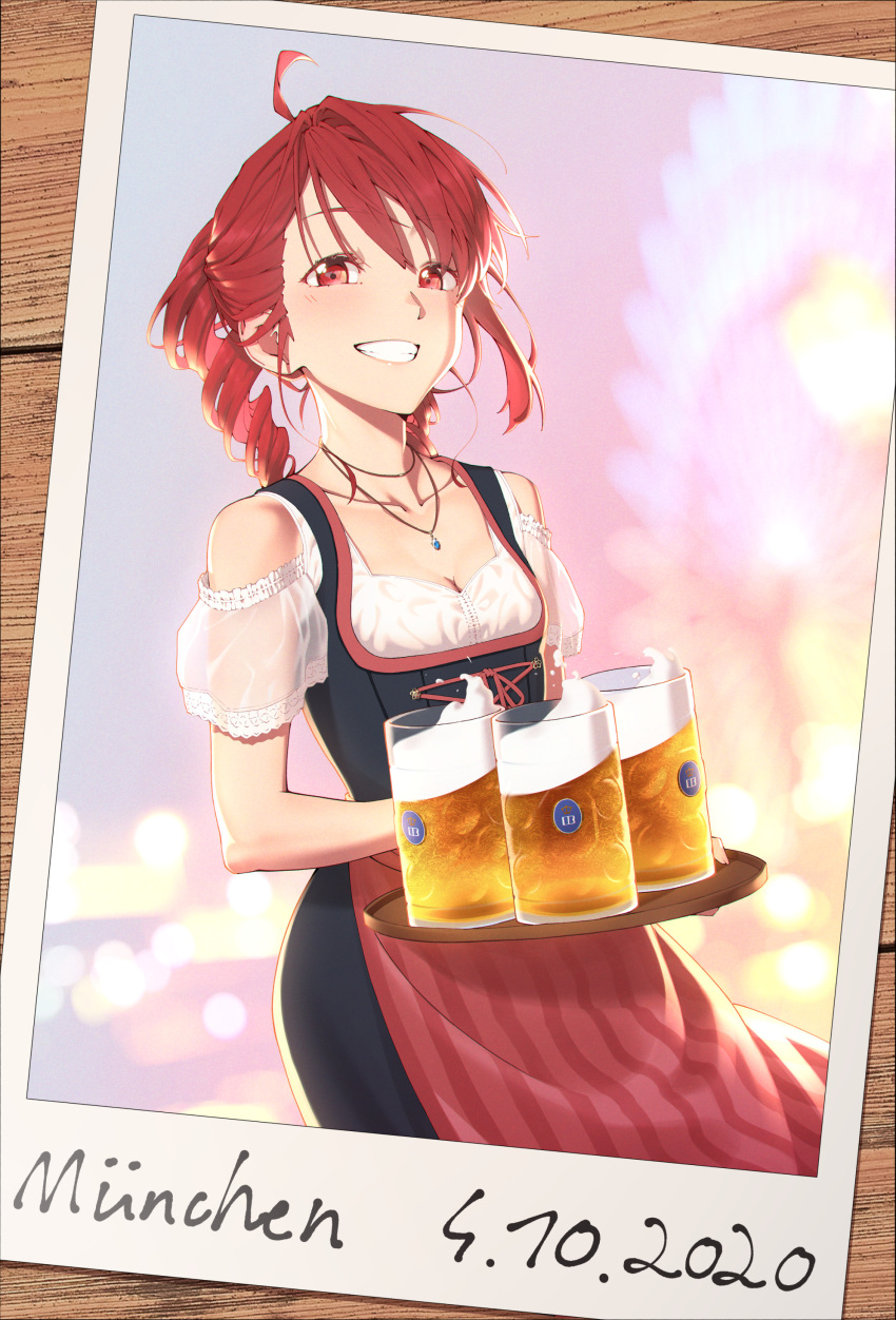 1girl absurdres ahoge alcohol apron barmaid beer beer_mug black_dress collarbone commentary cowboy_shot cup dated dress drill_hair grin highres holding holding_tray jewelry kasane_teto lips medium_hair mug necklace photo_(object) red_apron red_eyes redhead see-through_sleeves short_sleeves smile solo splashing tray twin_drills utau yasutange