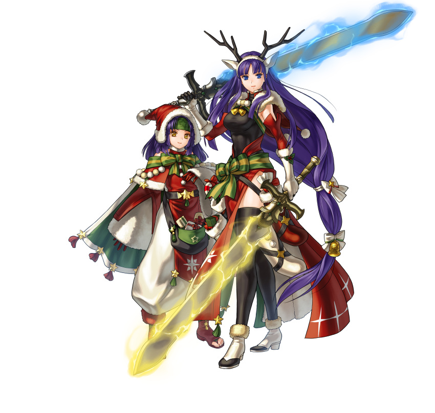 2girls absurdres altina animal_ears antlers bangs bell black_legwear blue_eyes blue_hair breasts capelet closed_mouth commentary_request deer_ears fake_animal_ears fire_emblem fire_emblem:_radiant_dawn fire_emblem_heroes fur_trim gloves glowing glowing_weapon hair_ornament hat headband highres holding holding_sword holding_weapon kita_senri long_hair looking_at_viewer low-tied_long_hair medium_breasts multiple_girls official_art open_toe_shoes pom_pom_(clothes) purple_hair red_gloves reindeer_antlers sanaki_kirsch_altina santa_hat simple_background smile standing sword thigh-highs tied_hair weapon white_footwear white_gloves wide_sleeves yellow_eyes