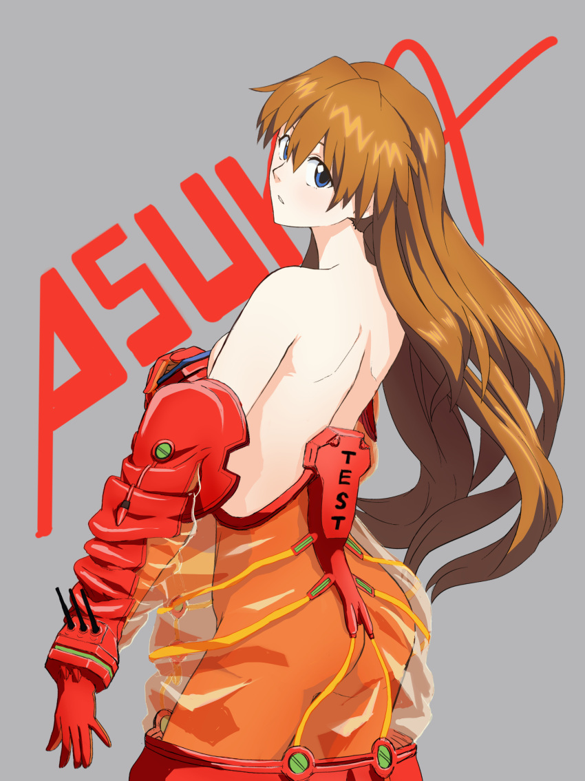 1girl absurdres ass bangs blue_eyes bodysuit breasts character_name clothing_request commentary_request cowboy_shot from_behind gloves grey_background highres long_hair looking_at_viewer looking_back mafty medium_breasts multicolored multicolored_bodysuit multicolored_clothes neon_genesis_evangelion parted_lips plugsuit red_gloves see-through shikinami_asuka_langley solo souryuu_asuka_langley test_plugsuit topless