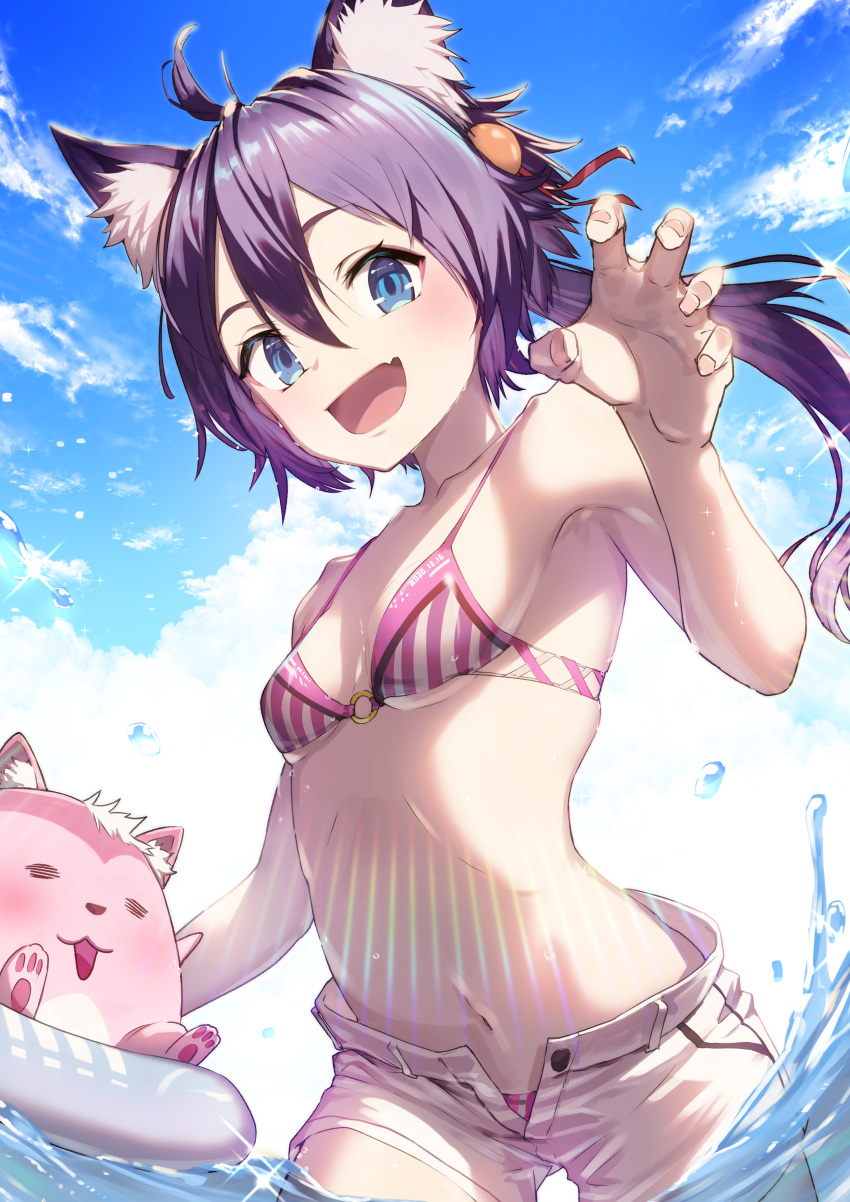 1girl :d absurdres ahoge animal_ear_fluff animal_ears armpits bare_arms bare_shoulders bikini blue_eyes breasts claw_pose commission cowboy_shot fang hair_between_eyes hair_ornament highres long_hair looking_at_viewer low_ponytail nakanishi_tatsuya navel open_fly open_mouth original outdoors purple_hair short_shorts shorts skeb_commission skin_fang small_breasts smile solo standing stomach string_bikini striped striped_bikini swimsuit wading water white_shorts wolf_ears