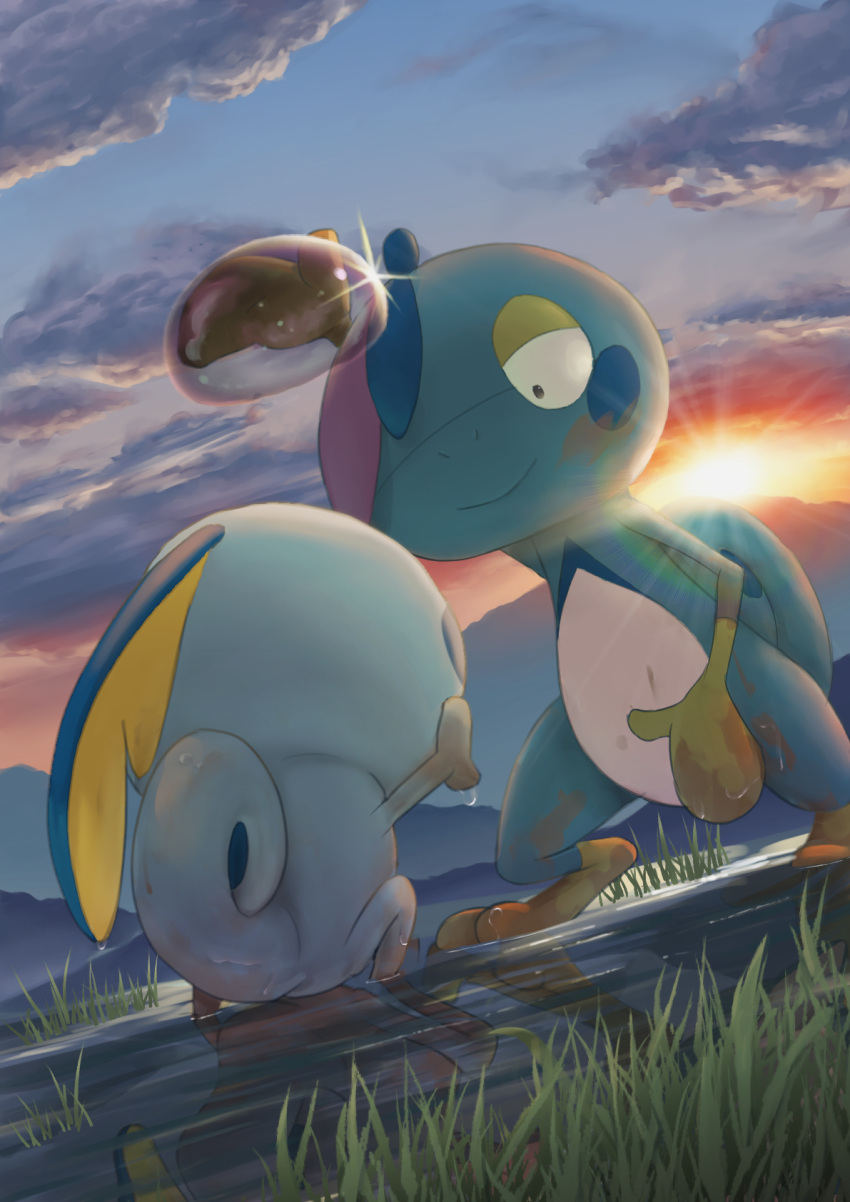 closed_mouth clouds commentary_request dirty drizzile gen_8_pokemon grass half-closed_eyes highres looking_at_another no_humans outdoors pokemon pokemon_(creature) purobe sky smile sobble standing toes twilight wet