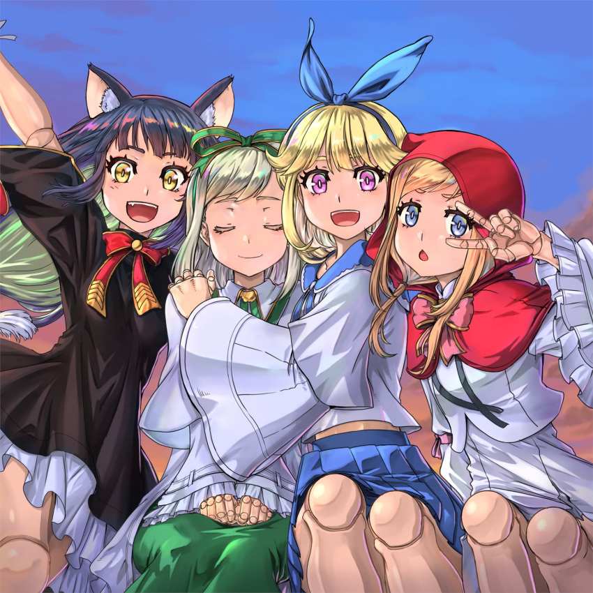 4girls :d :o ael_(kumo_desu_ga_nani_ka?) animal_ears arm_up bangs black_dress black_hair blonde_hair blouse blue_bow blue_eyes blue_ribbon blue_skirt blush bow capelet closed_eyes closed_mouth colored_inner_hair commentary_request cowboy_shot day daye_shushu doll doll_joints dress fang fiel_(kumo_desu_ga_nani_ka?) frilled_dress frilled_sleeves frills green_bow green_ribbon green_skirt hair_bow hair_ribbon hand_on_another's_shoulder hands_on_own_knees highres hood hood_up joints kumo_desu_ga_nani_ka? long_hair long_sleeves looking_at_viewer medium_hair multicolored_hair multiple_girls neck_ribbon open_mouth outdoors pleated_skirt red_capelet red_hood red_neckwear red_ribbon ribbon riel_(kumo_desu_ga_nani_ka?) sael_(kumo_desu_ga_nani_ka?) sailor_collar short_sleeves sidelocks silver_hair sitting skirt sky smile swept_bangs u_u v v_over_eye violet_eyes white_blouse white_skirt wide_sleeves wolf_ears yellow_eyes