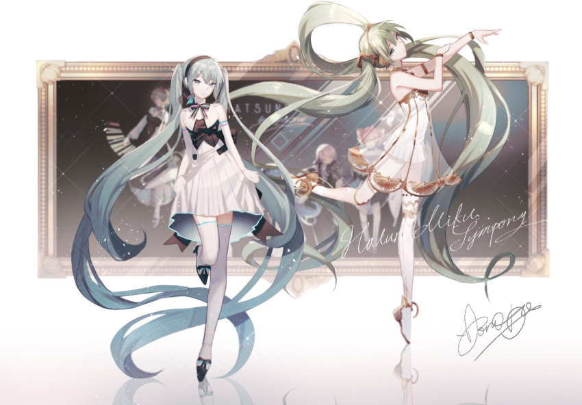 2girls annotated aono_99 aqua_eyes aqua_hair armlet artist_self-reference ballet ballet_dress ballet_slippers black_ribbon black_shirt bracelet commentary copyright_name dual_persona elbow_gloves floating_hair floral_print full_body gloves gold_trim green_eyes green_hair hair_ornament hairband hatsune_miku highres instrument jewelry kasane_teto keyboard_(instrument) long_hair looking_at_viewer megurine_luka meiko miku_symphony_(vocaloid) multiple_girls music neck_ribbon painting playing_instrument pleated_skirt reflection ribbon see-through_dress shirt signature skirt smile standing standing_on_one_leg thigh-highs tiptoes twintails utau very_long_hair violin vocaloid white_background white_gloves white_legwear white_skirt wide_shot