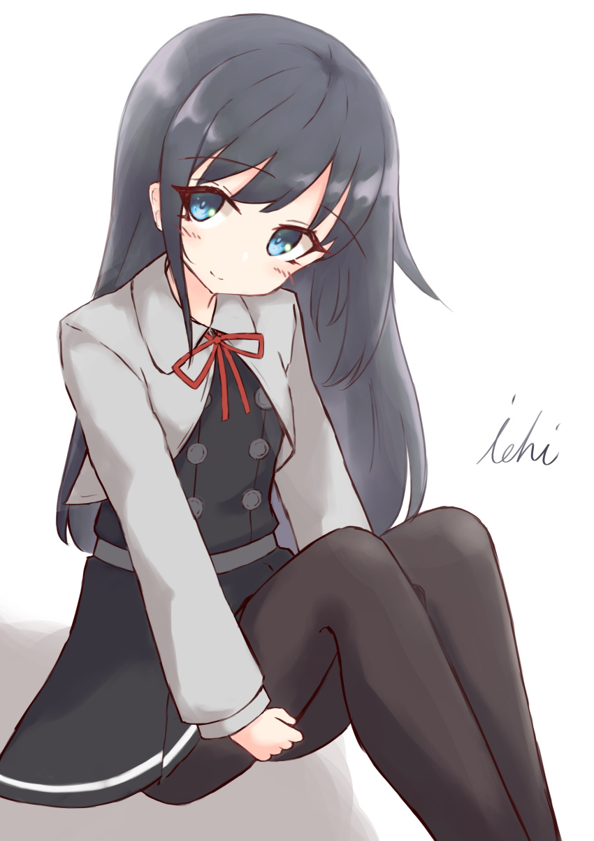 1girl absurdres artist_name asashio_(kantai_collection) bangs black_dress black_hair blue_eyes blush closed_mouth commentary_request dress eyebrows_visible_through_hair feet_out_of_frame grey_jacket head_tilt highres ichi jacket kantai_collection kneehighs long_hair looking_at_viewer neck_ribbon pinafore_dress red_ribbon remodel_(kantai_collection) ribbon signature smile solo very_long_hair white_background