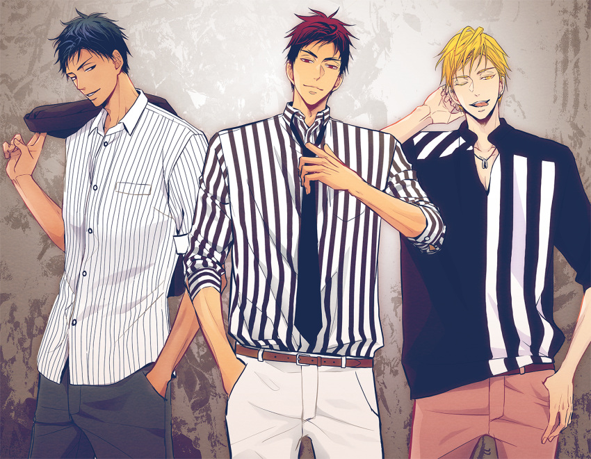 3boys a_jou adjusting_neckwear aomine_daiki arm_up bangs belt black_eyes black_neckwear black_pants black_shirt blonde_hair blue_hair brown_belt closed_mouth collared_shirt cowboy_shot dark_skin dark_skinned_male hand_in_pocket hand_up holding holding_clothes holding_jacket jacket kagami_taiga kise_ryouta kuroko_no_basuke looking_at_another looking_at_viewer male_focus multiple_boys necktie open_mouth over_shoulder pants red_eyes red_pants redhead shirt short_hair sideways_glance sleeves_rolled_up smile striped striped_shirt tongue tongue_out two-tone_shirt white_pants white_shirt