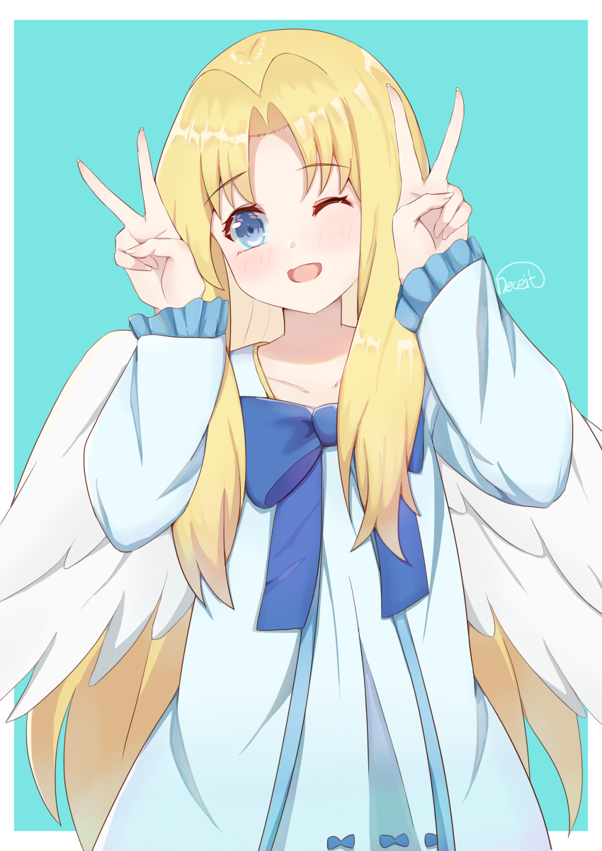 1girl ;d absurdres blonde_hair blue_background blue_dress blue_eyes blue_neckwear border collarbone deceit_(decit) double_v dress eyebrows_visible_through_hair feathered_wings firo_(tate_no_yuusha_no_nariagari) frilled_sleeves frills hair_intakes highres long_hair long_sleeves one_eye_closed open_mouth outside_border shiny shiny_hair signature smile solo standing tate_no_yuusha_no_nariagari v very_long_hair white_border white_wings wings