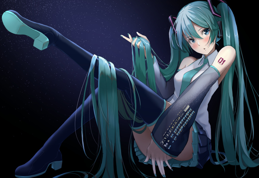 1girl absurdly_long_hair aqua_eyes aqua_hair aqua_nails aqua_neckwear bare_shoulders black_background black_legwear black_skirt black_sleeves blush boots commentary detached_sleeves grey_shirt hair_ornament hatsune_miku headphones high_heels highres holding holding_hair leg_up light_particles long_hair looking_at_viewer marumai miniskirt nail_polish necktie parted_lips pleated_skirt shirt shoulder_tattoo sitting skirt sleeveless sleeveless_shirt solo spotlight tattoo thigh-highs thigh_boots twintails very_long_hair vocaloid zettai_ryouiki