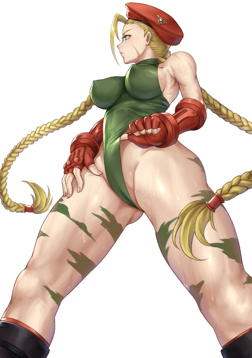 1girl absurdres beret blonde_hair braid breasts cammy_white camouflage commentary_request covered_nipples fingerless_gloves from_below gloves green_leotard hat highleg highleg_leotard highres large_breasts leotard long_hair looking_away looking_to_the_side nyatokanyaru red_gloves red_headwear scar scar_on_cheek scar_on_face simple_background solo standing street_fighter sweat thighs thong_leotard twin_braids white_background