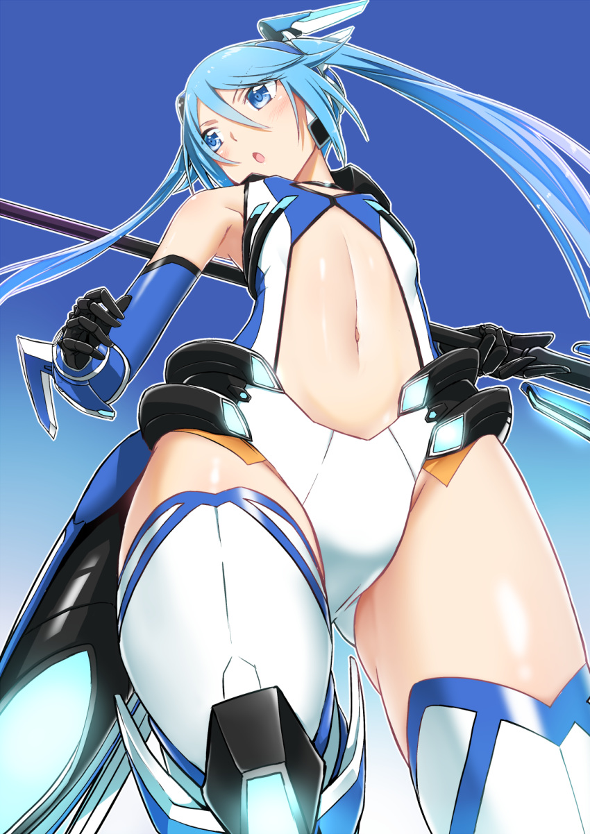 1girl bangs blue_background blue_eyes blue_hair boots cowboy_shot eyebrows_visible_through_hair flat_chest floating_hair from_below gauntlets hair_between_eyes highres holding holding_polearm holding_weapon leotard long_hair midriff navel open_mouth ore_twintail_ni_narimasu polearm shiny shiny_hair solo standing stomach tail_blue thigh-highs thigh_boots twintails very_long_hair weapon white_footwear white_leotard yuto_(dialique)