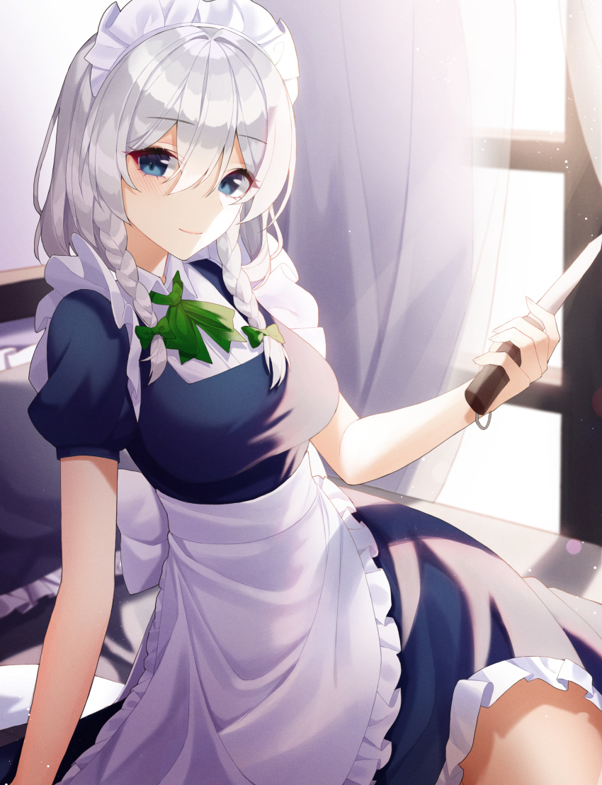 1girl absurdres apron bangs bed black_dress blue_eyes bow braid breasts closed_mouth curtains dress eyebrows_visible_through_hair green_bow green_neckwear hair_between_eyes hair_bow highres holding holding_knife huge_filesize indoors izayoi_sakuya knife large_breasts looking_at_viewer maid maid_headdress medium_hair meoyo on_bed pillow puffy_short_sleeves puffy_sleeves short_sleeves side_braids silver_hair sitting sitting_on_bed smile solo touhou twin_braids waist_apron white_apron white_headdress