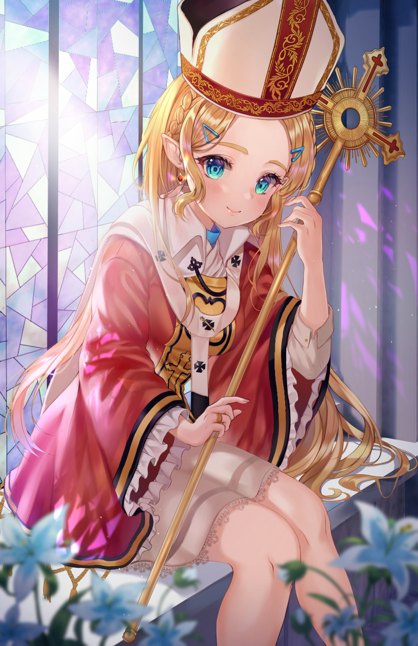 1girl absurdres aina_156cm alternate_costume alternate_hairstyle bangs blonde_hair blue_eyes blurry blurry_foreground blush braid breasts cloak closed_mouth commentary_request depth_of_field earrings feet_out_of_frame frills hair_ornament hairclip hand_up highres holding holding_staff huge_filesize jewelry long_hair long_sleeves looking_at_viewer pointy_ears princess_zelda red_cloak ring sitting smile solo staff stained_glass the_legend_of_zelda wide_sleeves