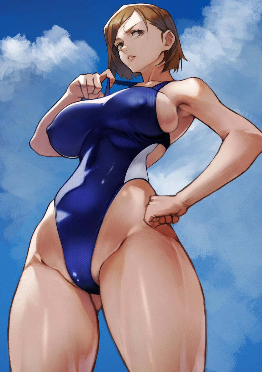 1girl absurdres ass_visible_through_thighs bangs breasts brown_eyes brown_hair clouds cloudy_sky covered_nipples hand_on_hip highleg highleg_swimsuit highres large_breasts lips looking_at_viewer one-piece_swimsuit original serious short_hair sky solo swept_bangs swimsuit swimsuit_pull thighs yoshio_(55level)