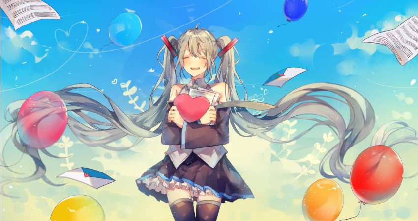 1girl aqua_hair aqua_neckwear balloon bare_shoulders black_legwear black_skirt black_sleeves blue_sky closed_eyes commentary cowboy_shot detached_sleeves envelope facing_viewer grey_shirt hair_ornament haru_ta_kun hatsune_miku heart highres holding holding_heart holding_paper long_hair miniskirt necktie paper plant pleated_skirt sheet_music shirt skirt sky sleeveless sleeveless_shirt smile solo thigh-highs twintails very_long_hair vocaloid zettai_ryouiki