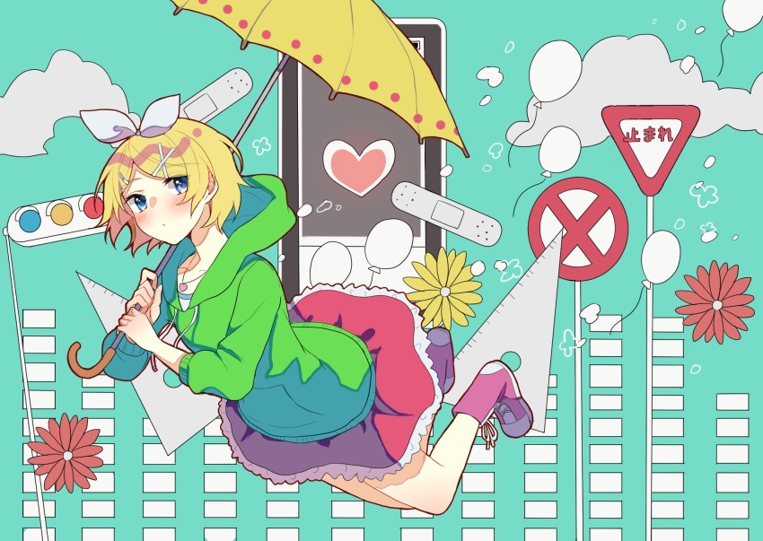 1girl aqua_background aryuma772 balloon bandaid bangs blonde_hair blue_eyes boots bow clouds commentary daisy expressionless falling flower frilled_skirt frills green_hoodie hair_bow hair_ornament hairclip heart highres holding holding_umbrella hood hoodie jewelry kagamine_rin melancholic_(vocaloid) miniskirt necklace pink_footwear pink_skirt protractor red_flower road_sign short_hair sign skirt solo stop_sign swept_bangs traffic_light umbrella vocaloid yellow_flower yellow_umbrella yield_sign