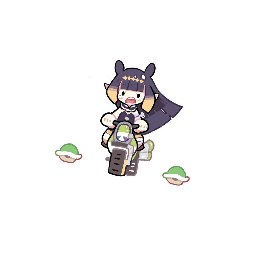 1girl black_eyes chibi clenched_hands floating_hair green_shell ground_vehicle highres hololive hololive_english super_mario_bros. mario_kart mole mole_under_eye motor_vehicle motorcycle ninomae_ina'nis open_mouth pointy_ears riding solo takeru_(hashiru11275) tentacle_hair virtual_youtuber white_background