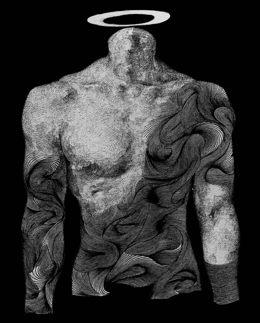 1boy 2boys abstract adam's_apple black_background greyscale halo hatching_(texture) headless highres kudarana10 male_focus monochrome multiple_boys original shirtless simple_background solo