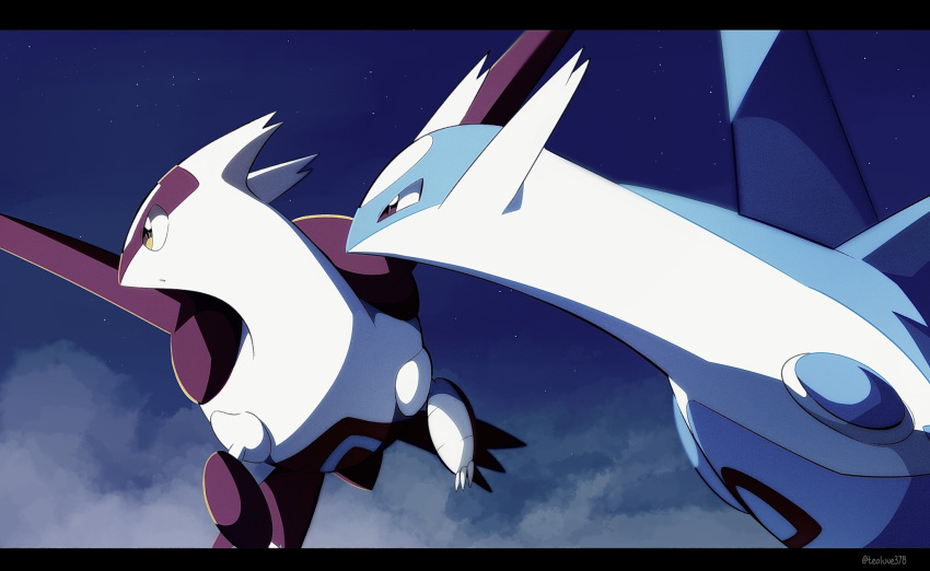 claws closed_mouth commentary_request gen_3_pokemon highres jacknaiff latias latios legendary_pokemon letterboxed night no_humans outdoors pokemon pokemon_(creature) sky star_(sky) violet_eyes yellow_eyes