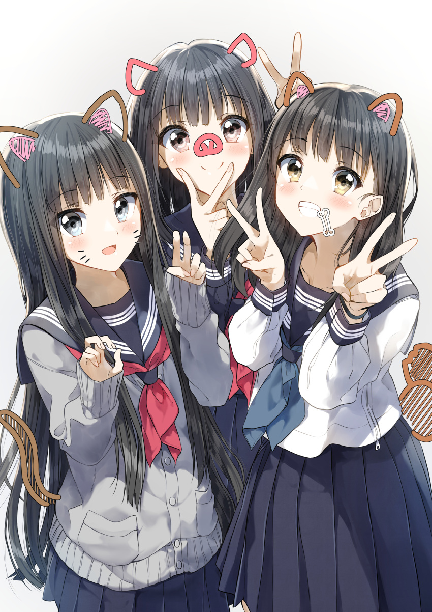 3girls :d absurdres black_hair black_sailor_collar black_serafuku black_shirt black_skirt blue_neckwear blush brown_eyes cardigan closed_mouth commentary_request double_v drawn_ears drawn_whiskers grey_cardigan grey_eyes grin hands_up highres long_hair long_sleeves looking_at_viewer multiple_girls neckerchief open_mouth original pentagon_(railgun_ky1206) pleated_skirt red_neckwear sailor_collar school_uniform serafuku shirt skirt sleeves_past_wrists smile v very_long_hair white_background white_shirt