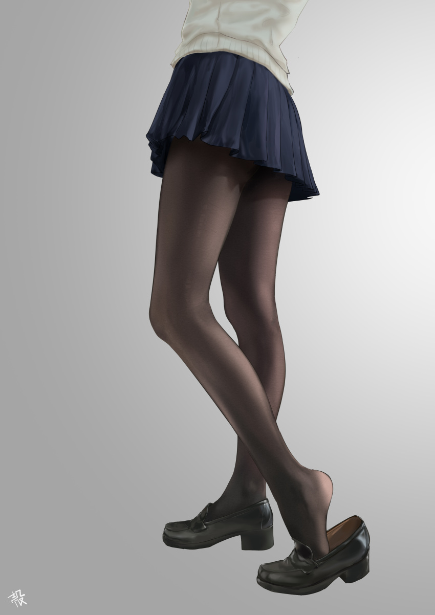 1girl absurdres artist_name ass black_footwear black_legwear blue_skirt feet from_behind gradient gradient_background highres legs loafers lower_body original pantyhose pleated_skirt qiao_zi school_uniform shoe_dangle shoes signature skirt solo standing sweater white_sweater