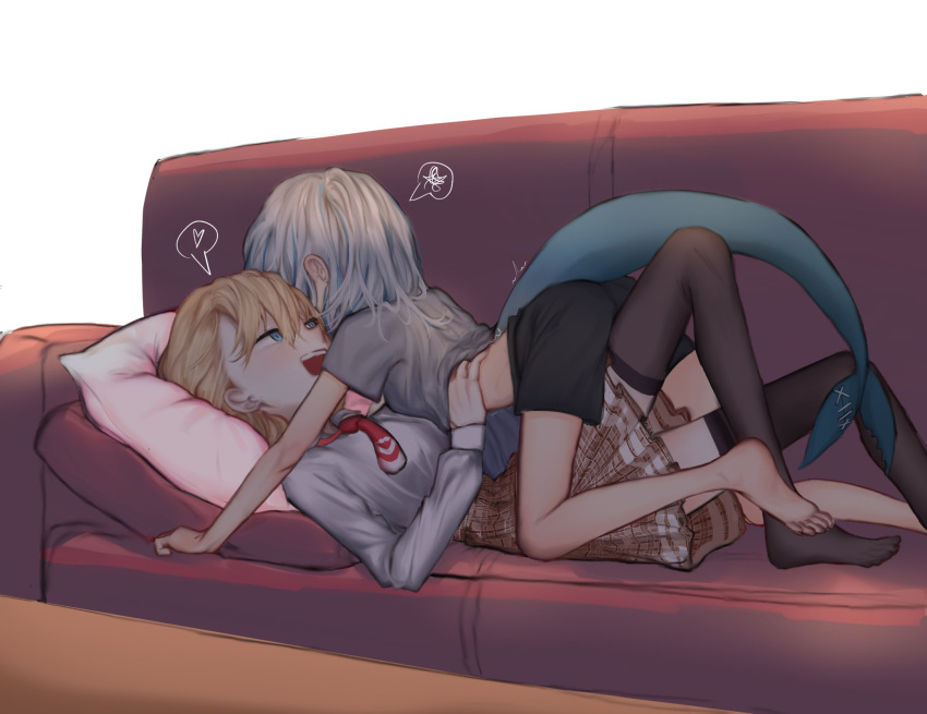 2girls ass bangs barefoot black_legwear blonde_hair blue_eyes brown_skirt collared_shirt commentary couch enot fish_tail gawr_gura girl_on_top grey_shirt heart heart_print highres hololive hololive_english long_hair long_legs looking_at_another lying lying_on_another medium_hair multicolored_hair multiple_girls necktie no_shoes on_back on_couch open_mouth pillow pleated_skirt red_neckwear shark_tail shirt shirt_lift short_necktie skinny skirt spoken_heart spoken_squiggle squiggle tail thigh-highs trembling upper_teeth virtual_youtuber watson_amelia yuri