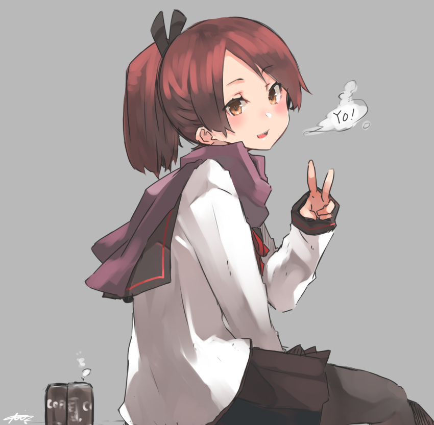 1girl adapted_costume black_legwear black_sailor_collar black_skirt brown_eyes brown_hair can canned_coffee cowboy_shot grey_background highres kantai_collection looking_at_viewer pantyhose pleated_skirt ponytail purple_scarf remodel_(kantai_collection) sailor_collar scarf school_uniform serafuku shikinami_(kantai_collection) short_hair simple_background sitting skirt solo sunday_aki v