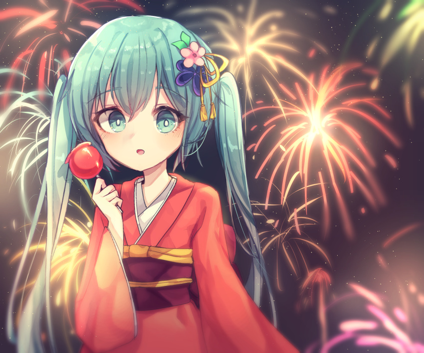 1girl aerial_fireworks aqua_eyes aqua_hair candy_apple fireworks flower food hair_flower hair_ornament hatsune_miku highres holding holding_food ille_(xcpa7325) japanese_clothes kimono long_hair looking_at_viewer night night_sky parted_lips pink_flower purple_flower red_kimono sky solo star_(sky) starry_sky tassel twintails upper_body very_long_hair vocaloid