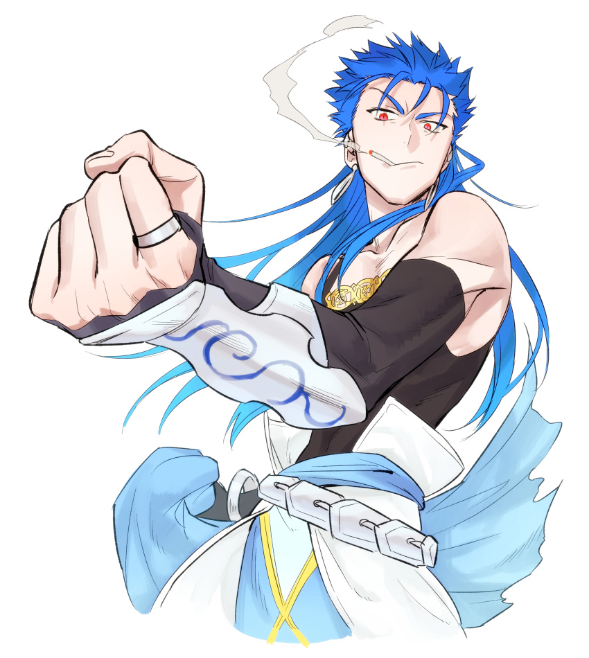 1boy angry belt blue_hair clenched_hand closed_mouth collarbone cu_chulainn_(fate)_(all) cu_chulainn_(fate/grand_order) detached_sleeves earrings fate/grand_order fate_(series) floating_hair foreshortening highres jewelry long_hair looking_at_viewer looking_down male_focus muscle namo red_eyes ring simple_background skin_tight smoke smoking solo spiky_hair tank_top type-moon vambraces