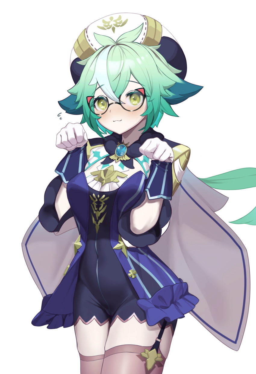 1girl :3 absurdres alternate_eyewear animal_ears beret black_legwear blue_dress blush breasts cat_ears clenched_hands covered_navel dress genshin_impact glasses gloves gold_trim green_hair hat highres komadera long_hair long_sleeves looking_at_viewer multicolored_hair navel open_mouth orange_eyes paw_pose ponytail simple_background smile solo sucrose_(genshin_impact) thigh-highs vision_(genshin_impact) white_background