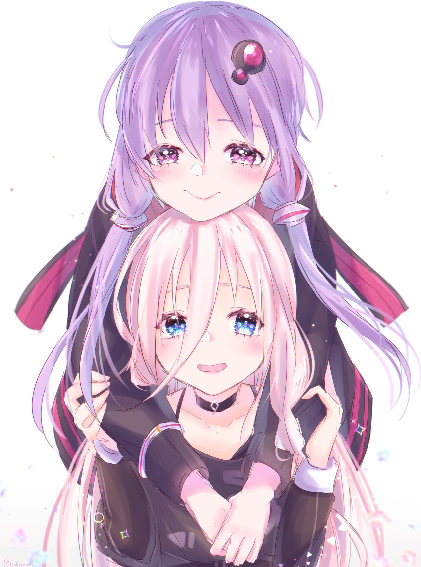 2girls absurdres arms_around_neck black_jacket black_shirt blue_eyes bracelet commentary hair_ornament hair_tubes hands_on_another's_arm head_on_head highres hood hooded_jacket hug hug_from_behind ia_(vocaloid) jacket jewelry long_hair looking_at_viewer multiple_girls open_mouth pink_hair purple_hair shirt sidelocks smile tsukizuumi violet_eyes vocaloid white_background yuzuki_yukari