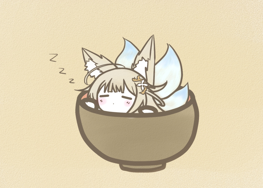 1girl animal_ear_fluff animal_ears azur_lane chibi closed_eyes cup fox_ears fox_girl fox_tail in_container in_cup koti large_tail long_hair multiple_tails shinano_(azur_lane) simple_background sleeping solo tail white_tail yellow_background