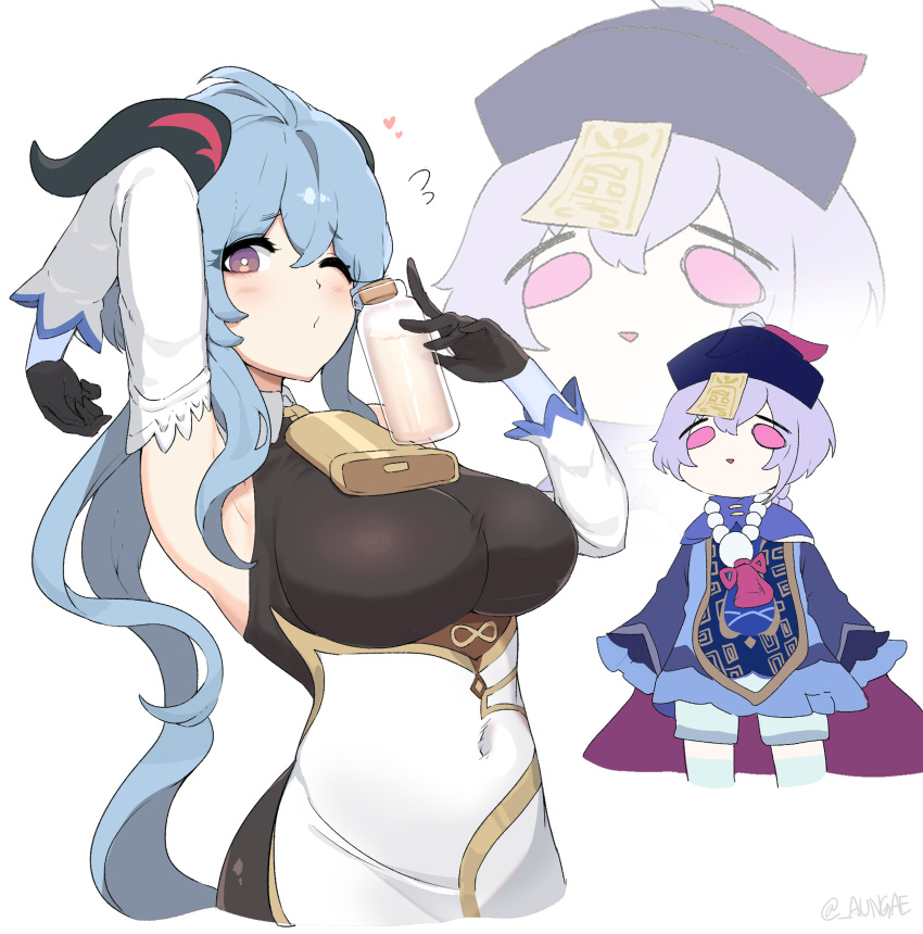 2girls absurdres armpits arms_up bead_necklace beads bell bodysuit bottle breasts cowbell detached_sleeves empty_eyes ganyu_(genshin_impact) genshin_impact goat_horns hat heart highres horns jewelry jiangshi large_breasts milk milk_bottle multiple_girls necklace oh_(aung_ae) one_eye_closed qiqi shorts sleeveless smile upper_body