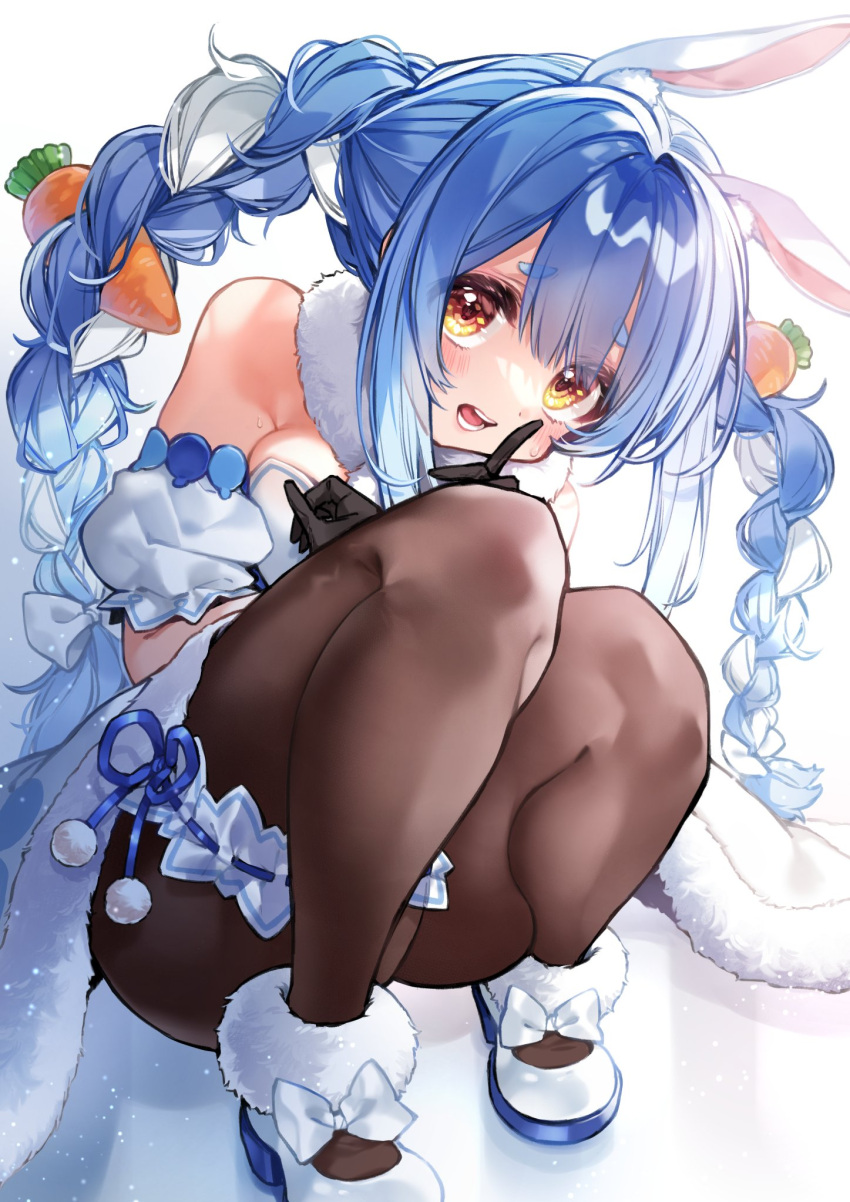 1girl animal_ear_fluff animal_ears ankle_cuffs arm_cuffs black_gloves black_legwear blush braid breasts carrot_hair_ornament closed_mouth coat commentary don-chan_(usada_pekora) eyebrows_visible_through_hair eyelashes food_themed_hair_ornament full_body fur_collar gloves hair_between_eyes hair_ornament highres hololive index_finger_raised knees_to_chest kurihara_sakura long_hair looking_at_viewer medium_breasts off-shoulder_coat pantyhose pom_pom_(clothes) rabbit_ears red_eyes shoes simple_background sitting solo symbol-shaped_pupils thick_eyebrows thigh_strap twin_braids twintails usada_pekora virtual_youtuber white_background white_coat white_footwear