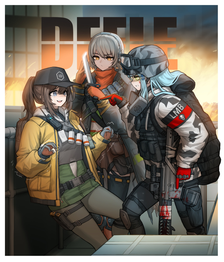 absurdres acog assault_rifle bandolier character_name cheogtanbyeong cleaners combat_knife deele_(girls_frontline) duct_tape explosive fang_hk416_(girls_frontline) gas_mask genderswap genderswap_(mtf) girls_frontline gloves goggles goggles_on_headwear grenade gun h&amp;k_hk416 hellfire_vector_(girls_frontline) helmet highres hk416_(girls_frontline) knife last_man_battalion mask_around_neck pointing rifle rogue_division_agent scope tactical_clothes tom_clancy's_the_division trigger_discipline vector_(girls_frontline) weapon winter_uniform