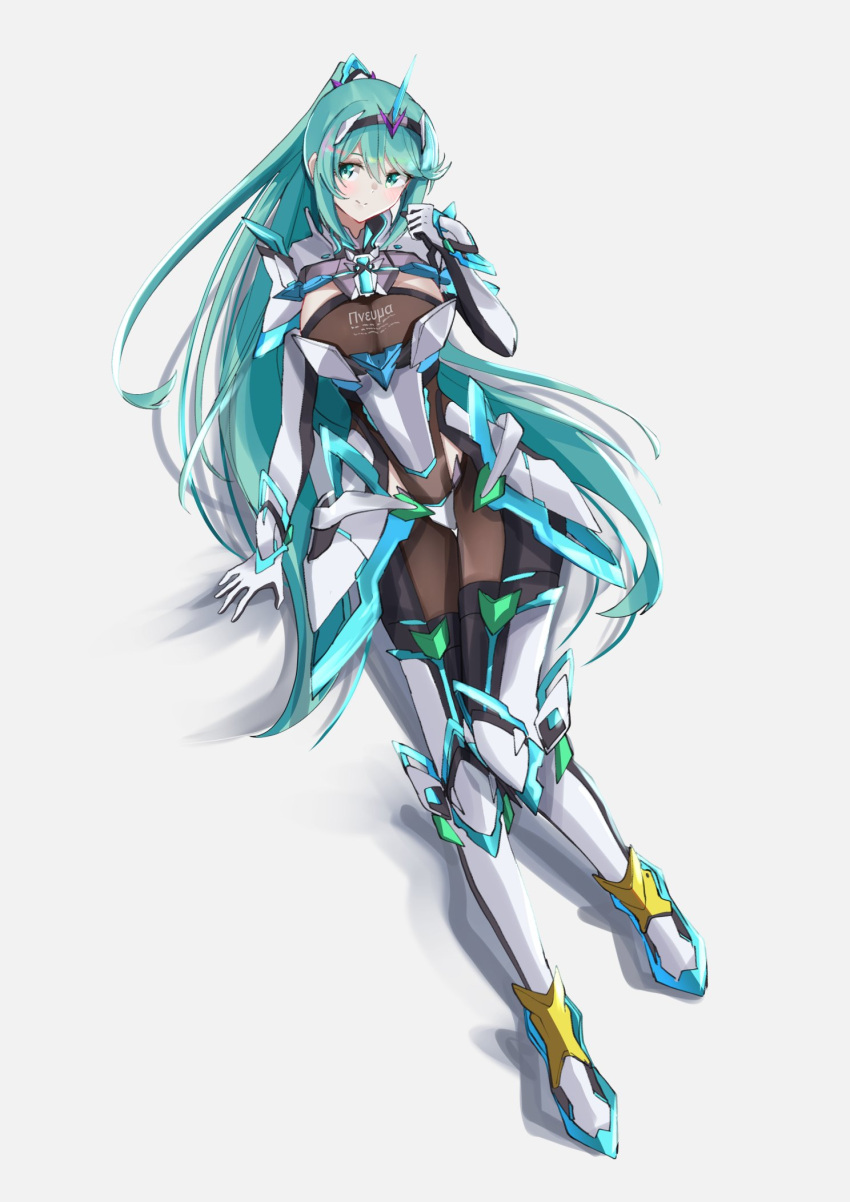 1girl breasts chest_jewel full_body gloves green_eyes green_hair highres large_breasts long_hair long_ponytail pneuma_(xenoblade) sarasadou_dan simple_background sitting solo tiara very_long_hair white_background xenoblade_chronicles_(series) xenoblade_chronicles_2