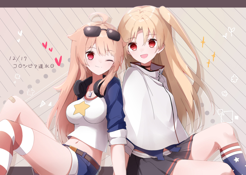 2girls :d ;) a.a_(aa772) ahoge azur_lane bandaid bandaid_on_knee black-framed_eyewear black_skirt blonde_hair blue_shorts blush breasts brown_background brown_hair capelet cleveland_(azur_lane) closed_mouth columbia_(azur_lane) commentary_request dated diagonal_stripes eyewear_on_head hair_flaps headphones headphones_around_neck heart long_hair medium_breasts midriff multiple_girls navel one_eye_closed one_side_up open_mouth pleated_skirt shirt short_shorts short_sleeves shorts single_thighhigh sitting skirt smile striped striped_background striped_legwear sunglasses thigh-highs translation_request very_long_hair white_capelet white_shirt