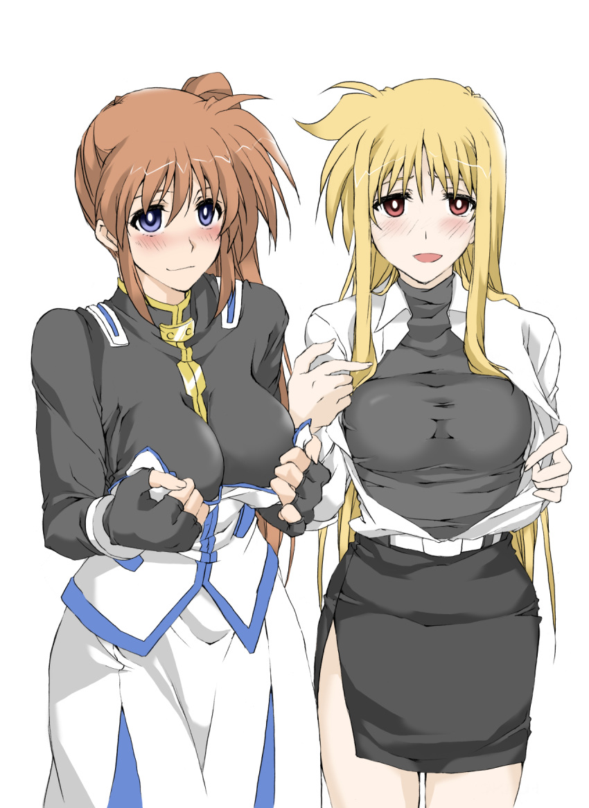 2girls blonde_hair blue_eyes blush bodysuit breasts brown_hair elf_(stroll_in_the_woods) fate_testarossa fingerless_gloves gloves highres long_hair looking_at_viewer lyrical_nanoha mahou_shoujo_lyrical_nanoha mahou_shoujo_lyrical_nanoha_strikers medium_breasts multiple_girls multiple_views open_clothes red_eyes side_ponytail side_slit smile takamachi_nanoha translation_request violet_eyes