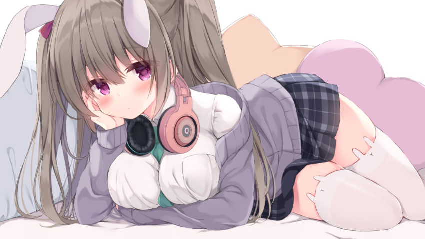 1girl animal_band_legwear animal_ears bangs between_breasts blush breasts brown_hair bunny_band_legwear cardigan closed_mouth commentary eyebrows_visible_through_hair green_neckwear grey_cardigan grey_skirt hair_between_eyes headphones headphones_around_neck heart heart_pillow kujou_danbo large_breasts long_hair long_sleeves looking_at_viewer necktie necktie_between_breasts off_shoulder open_cardigan open_clothes original pillow plaid plaid_skirt pleated_skirt rabbit_ears simple_background skirt sleeves_past_wrists solo star_pillow symbol_commentary thigh-highs two_side_up very_long_hair violet_eyes white_background white_legwear