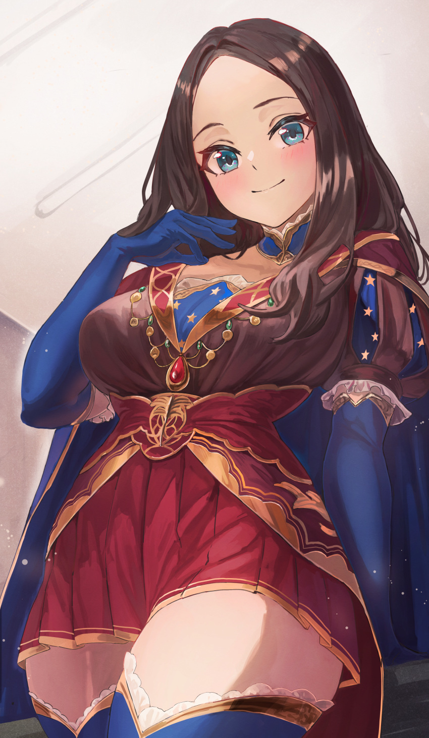 1girl absurdres bangs blue_eyes blue_gloves blue_legwear blush breasts brown_dress brown_hair closed_mouth dress elbow_gloves fate/grand_order fate_(series) forehead gloves highres huge_filesize jewelry large_breasts leonardo_da_vinci_(fate/grand_order) long_hair looking_at_viewer parted_bangs pleated_skirt puff_and_slash_sleeves puffy_short_sleeves puffy_sleeves red_skirt short_sleeves skirt smile solo thigh-highs thighs you-6-11