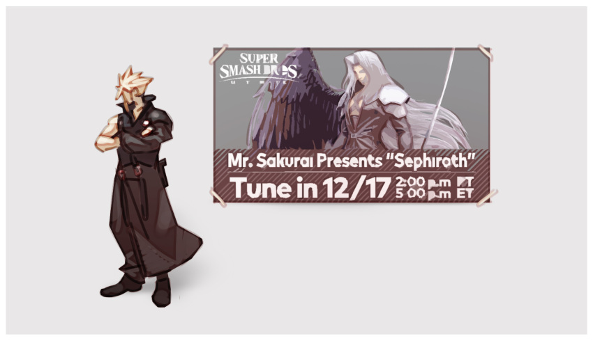 1boy black_coat blonde_hair cloud_strife coat crossed_arms faceless faceless_male final_fantasy final_fantasy_vii grey_background high_collar highres looking_away male_focus nin_nakajima poster_(object) sephiroth simple_background single_sleeve solo spiky_hair super_smash_bros.