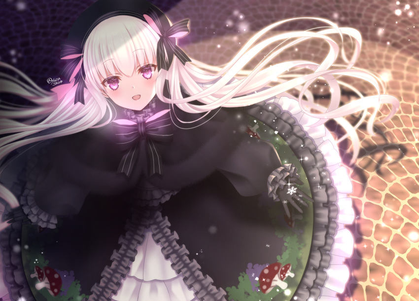1girl :d bangs beret black_bow black_capelet black_dress black_gloves black_headwear blurry blurry_background blush bow capelet commentary depth_of_field dress eyebrows_visible_through_hair fate/extra fate_(series) food_print frilled_dress frilled_sleeves frills from_above fur-trimmed_capelet fur_trim gloves hair_between_eyes hat hat_bow highres long_hair long_sleeves looking_at_viewer looking_up mushroom_print nursery_rhyme_(fate/extra) open_mouth print_dress puffy_long_sleeves puffy_sleeves sleeves_past_wrists smile solo striped striped_bow twitter_username very_long_hair violet_eyes white_hair yuzushiro
