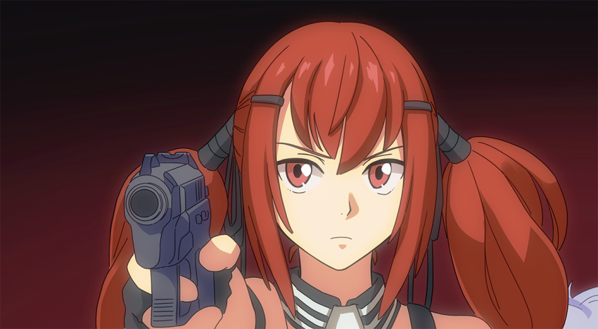 1girl aiming aiming_at_viewer bangs black_background commentary_request cz-75 cz-75_(girls_frontline) end_of_evangelion girls_frontline gradient gradient_background gun hair_ornament hairclip handgun holding holding_gun holding_weapon long_hair neon_genesis_evangelion parody red_background red_eyes redhead scene_reference sidelocks solo tab_(tabkun) twintails weapon