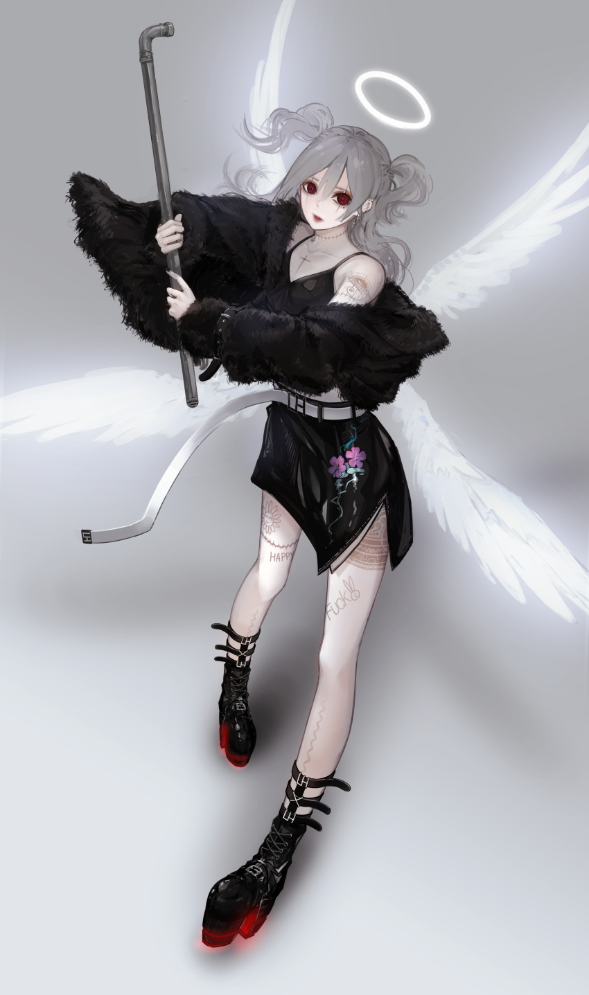 1girl absurdres angel angel_wings belt black_coat black_footwear black_skirt breasts coat collarbone fur_coat grey_hair halo highres holding holding_pipe huge_filesize leather_skirt leg_tattoo long_hair looking_at_viewer looking_up mole mole_under_eye multiple_wings off_shoulder original pipe platform_boots profanity rakugaki_suruhito red_eyes skirt small_breasts solo tattoo two_side_up white_belt wings