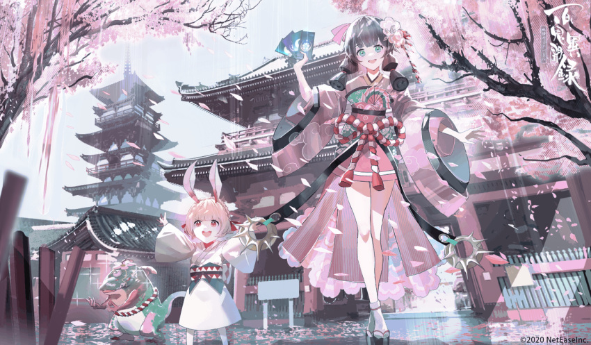 2girls animal_ears architecture bangs black_hair card cherry_blossoms east_asian_architecture eyebrows_visible_through_hair flower green_eyes hair_flower hair_ornament hiyoribo_(onmyoji) japanese_clothes kimono long_hair long_sleeves looking_at_viewer low_twintails multiple_girls onmyoji outdoors petals rabbit_ears red_eyes short_hair swav twintails white_hair wide_sleeves yamausagi