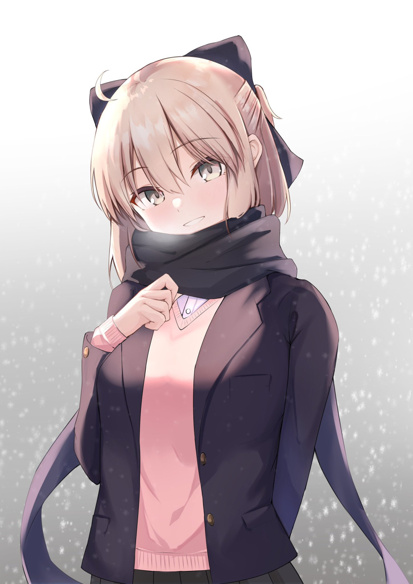 1girl ahoge asashin_(asn) black_jacket bow casual fate/grand_order fate_(series) hair_bow hand_on_own_chest highres jacket okita_souji_(fate) okita_souji_(fate)_(all) pink_sweater scarf smile snow sweater