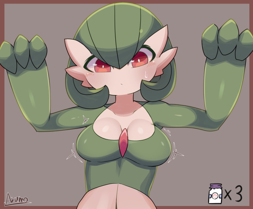1girl absurdres arms_up artist_name bangs blush bob_cut border bottle breast_expansion breasts brown_background brown_border closed_mouth collarbone colored_skin commentary english_commentary engrish_commentary gardevoir gen_3_pokemon green_hair green_skin hair_between_eyes highres looking_down medium_breasts milk_bottle moomoo_milk motion_lines multicolored multicolored_skin number outside_border pokemon pokemon_(creature) red_eyes ryuusui_arumo shiny shiny_hair shiny_skin short_hair signature simple_background solo sweat two-tone_skin upper_body white_skin