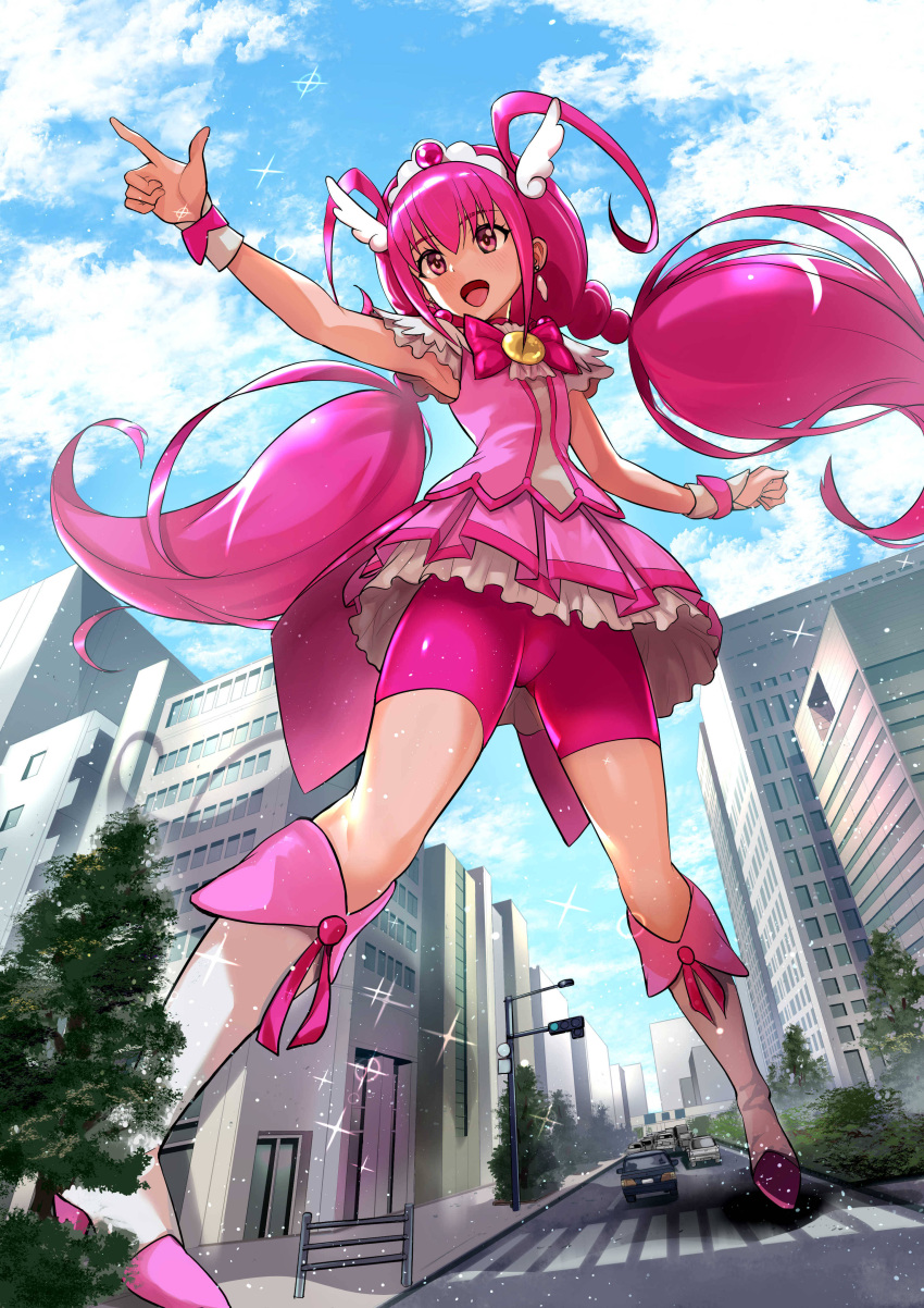 1girl absurdres armpits bangs blue_sky boots building car choker city clouds cure_happy day earrings eyebrows_visible_through_hair from_above giant giantess ground_vehicle highres hoshizora_miyuki jewelry knee_boots long_hair magical_girl motor_vehicle open_mouth outdoors pink_choker pink_shirt pink_shorts pink_skirt pleated_skirt pointing precure pukara road shirt shorts shorts_under_skirt skirt sky sleeveless sleeveless_shirt smile smile_precure! solo street tiara traffic_light